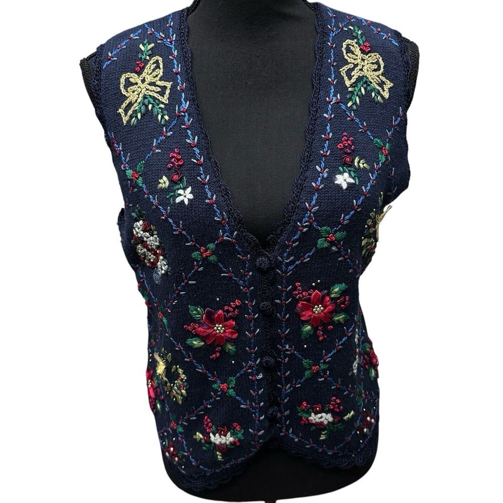 Erika II Holiday Christmas Sweater Vest Embroidered Women's Size Petite Small